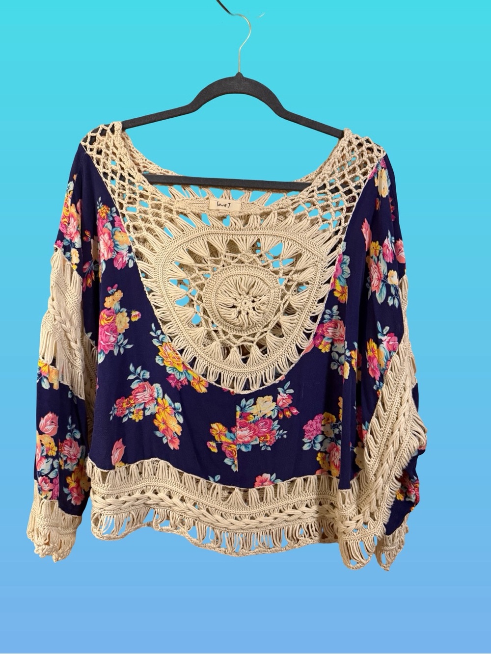 love J Navy Floral boho Top with Cream Crochet Trim